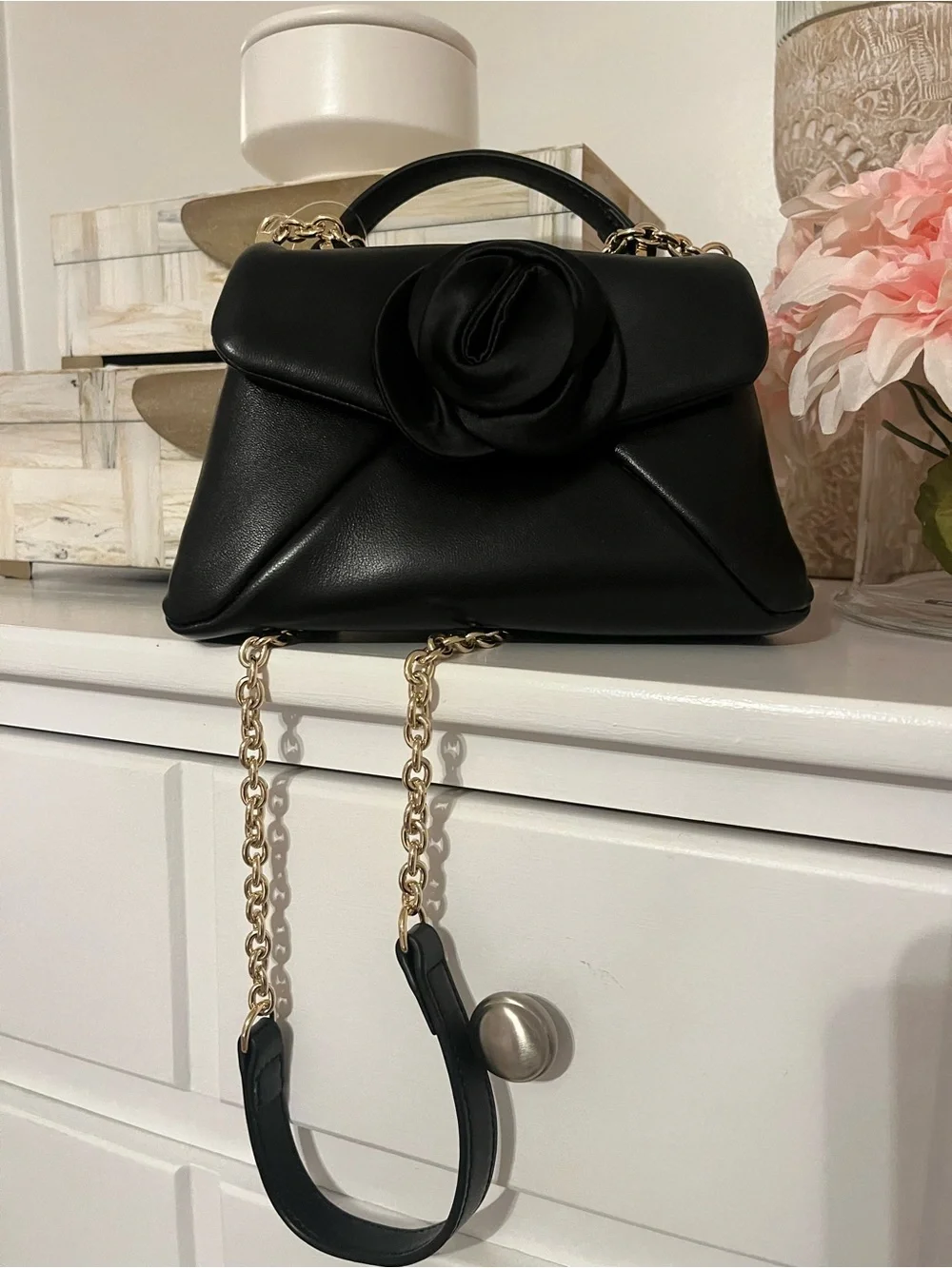 Ted Baker Black Leather Satchel with Floral Rosette